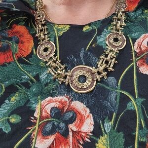 Hammered yellow metal circles and window necklace and earrings set